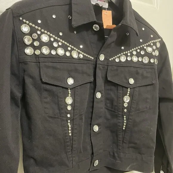 NWT Vintage Robin Berry Denim Jacket Black Rhinestone Small Western Glam USA 90s